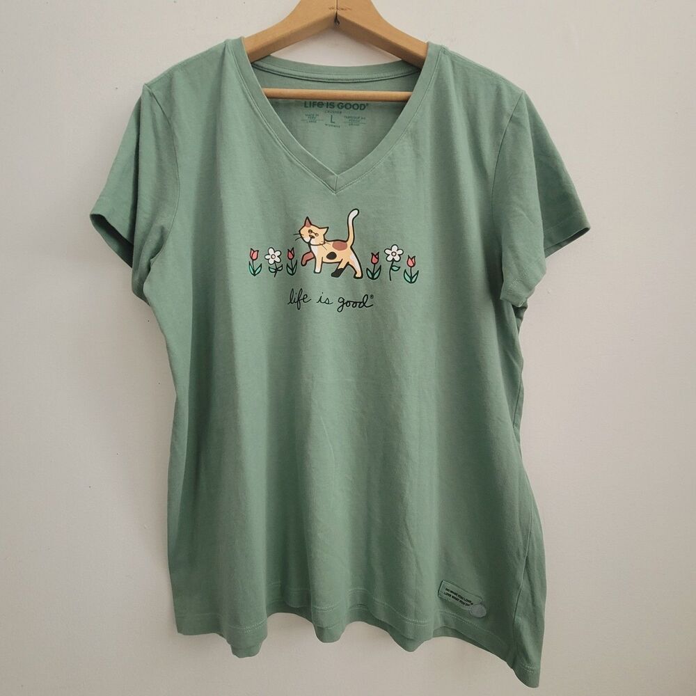 NWOTLife is good Womens CAT Crusher Tee Green T-Shirt L Short Sleeve V-neck - Picture 2 of 12